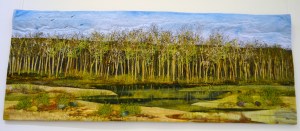 What is hiding in the mangroves?  Raw edge applique, beading and lacework.