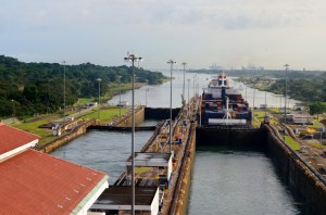 View from back of ship as a container ship follows us